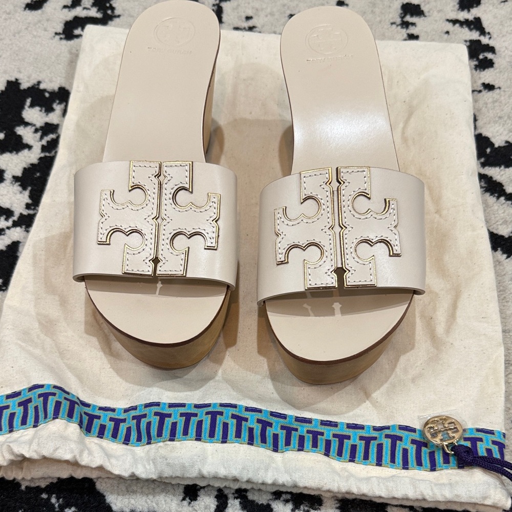 Tory Burch Ivory Mules with Logo Detail